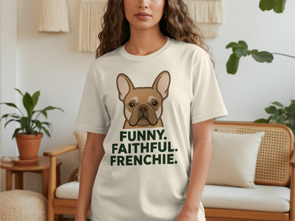 White t-shirt with a French bulldog illustration and text "FUNNY. FAITHFUL. FRENCHIE."