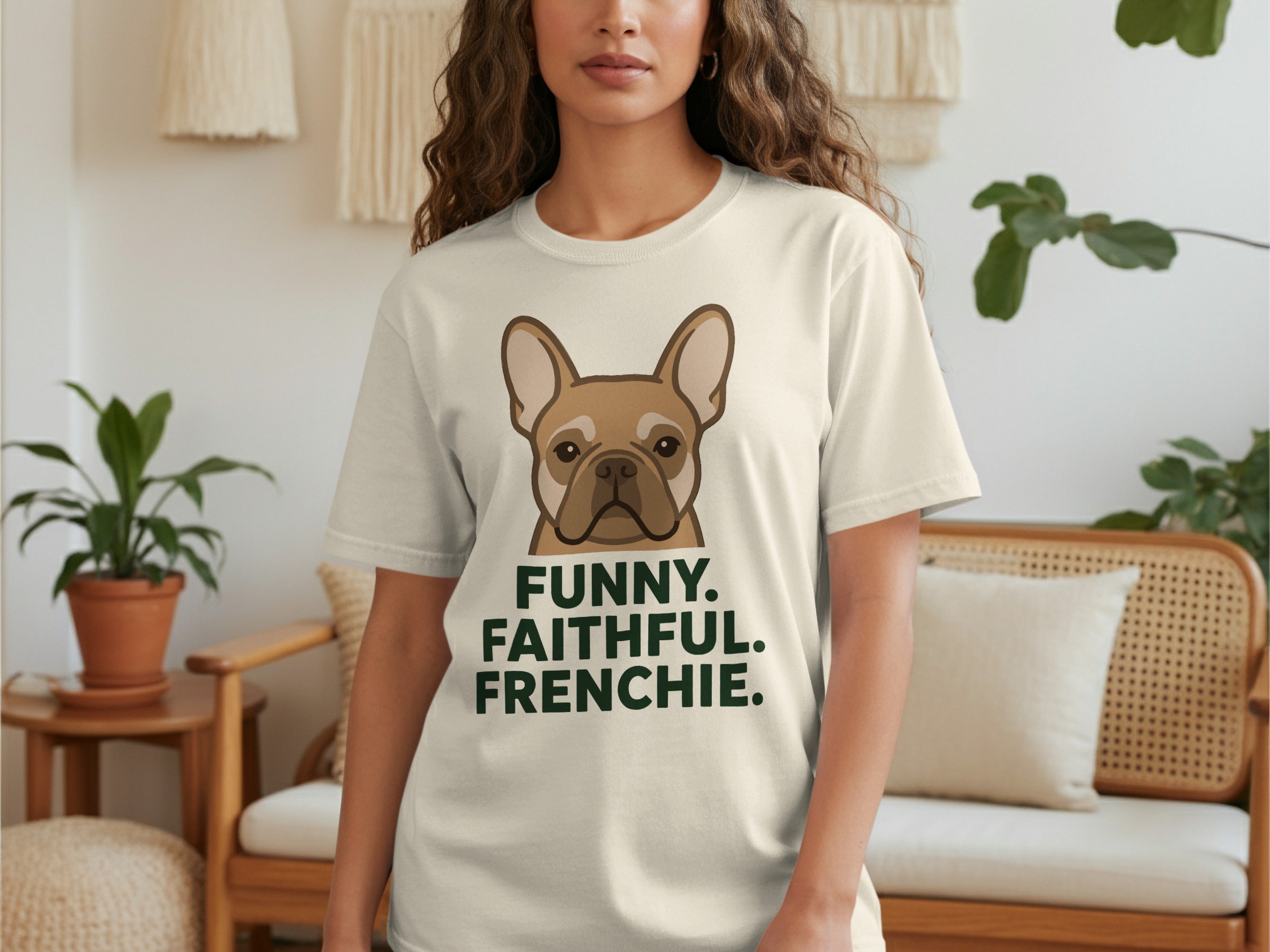 White t-shirt with a French bulldog illustration and text "FUNNY. FAITHFUL. FRENCHIE."