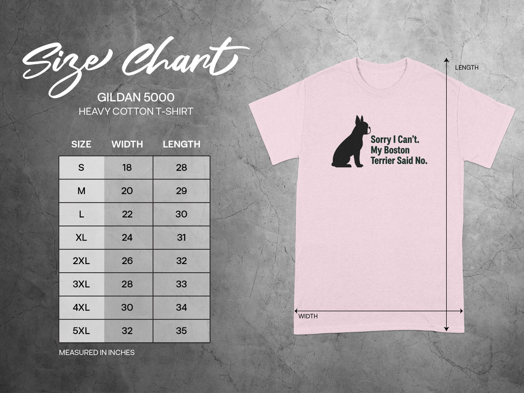Gildan 5000 t-shirt size chart with width and length measurements in inches.