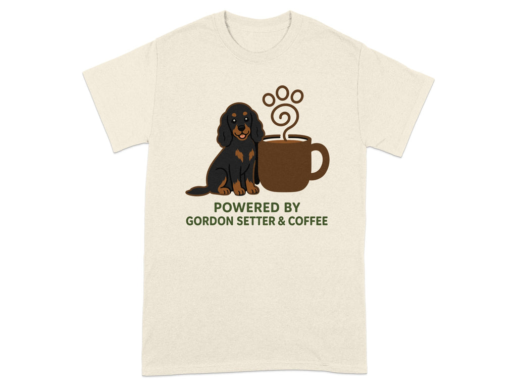 Gordon Setter with coffee cup and steam graphic and text.