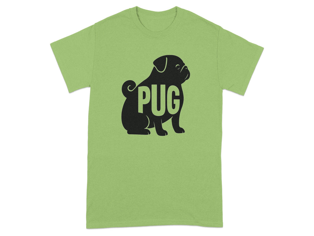 Black pug silhouette with the word PUG inside on a light green t-shirt.
