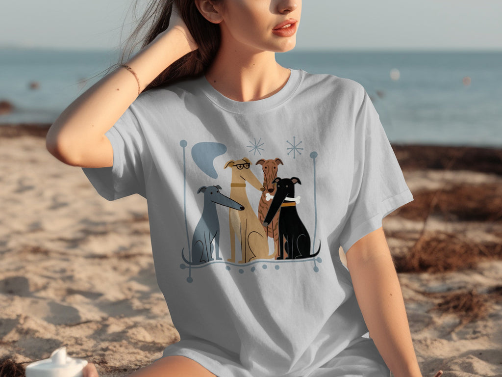 Four dogs illustrated on a light grey t-shirt.
