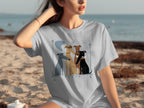 Four dogs illustrated on a light grey t-shirt.