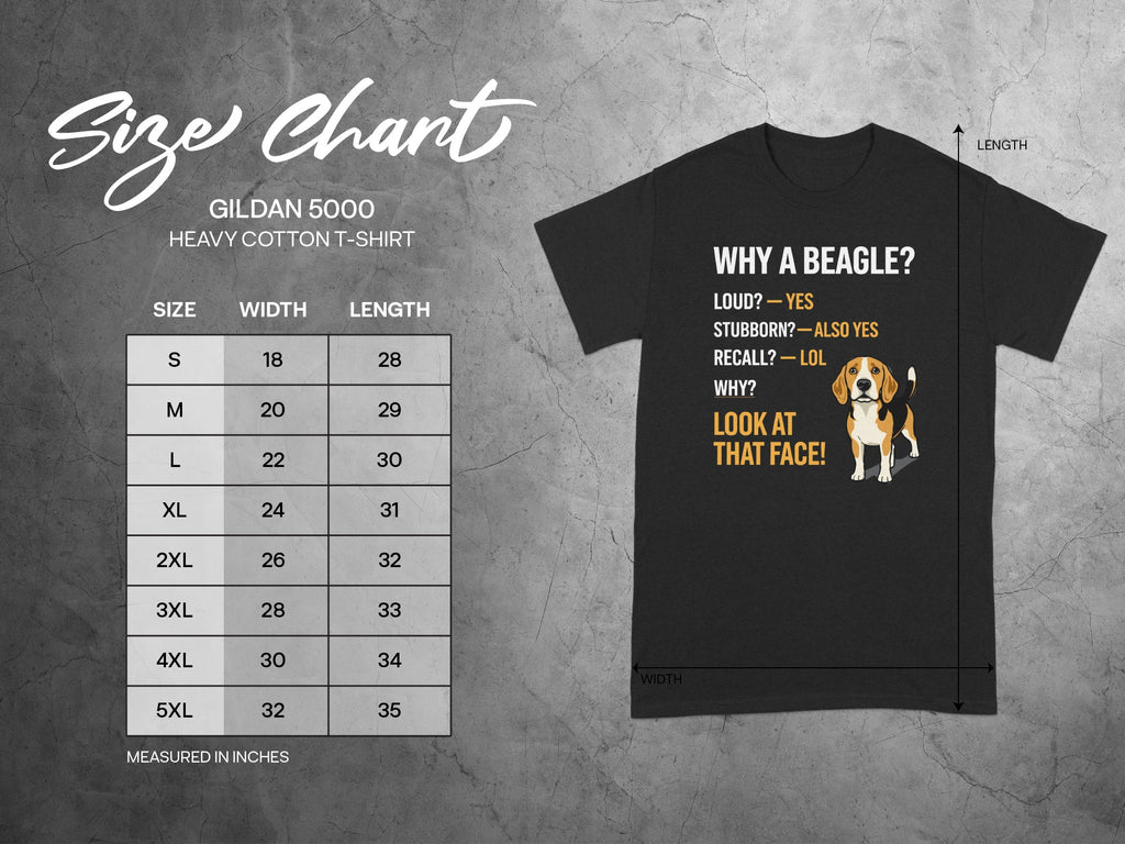 Gildan 5000 t-shirt size chart with beagle graphic.