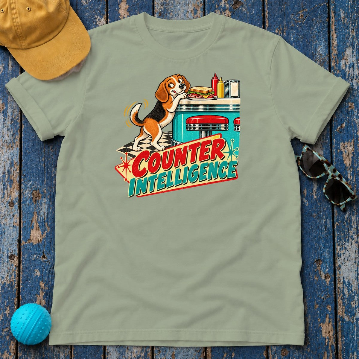 Counter Intelligence Beagle T-Shirt in Sage - flat lay