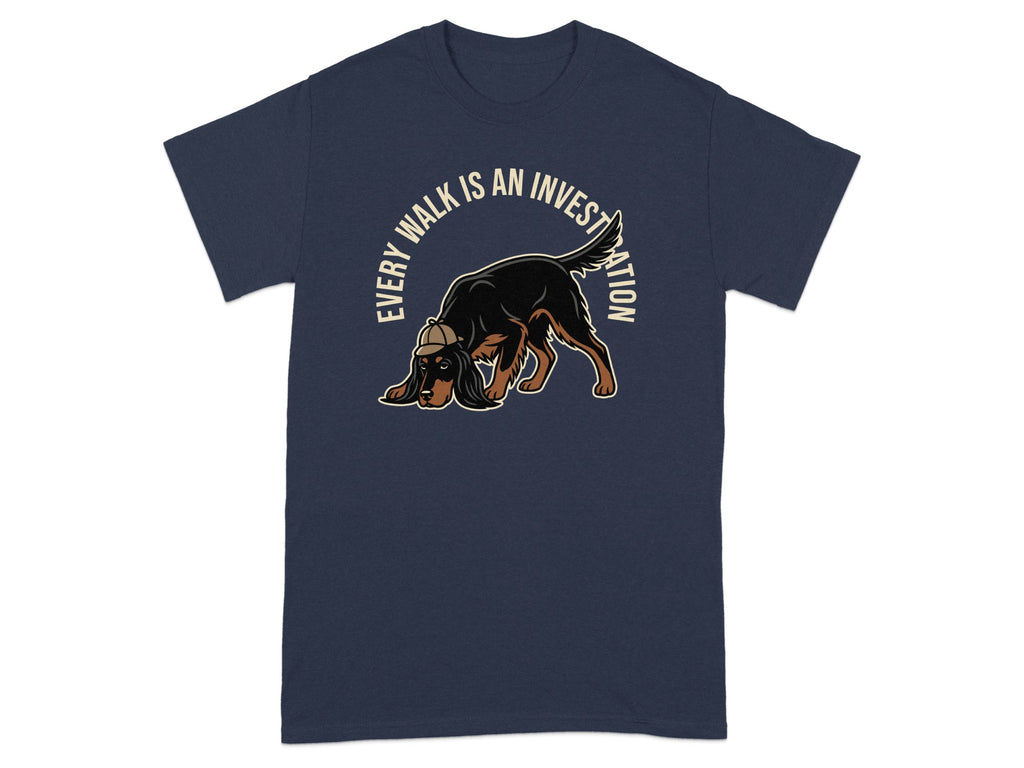 Navy t-shirt with a dog in a detective hat sniffing the ground.