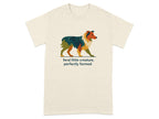 Cream t-shirt with a colorful abstract dog illustration and "feral little creature, perfectly formed" text.