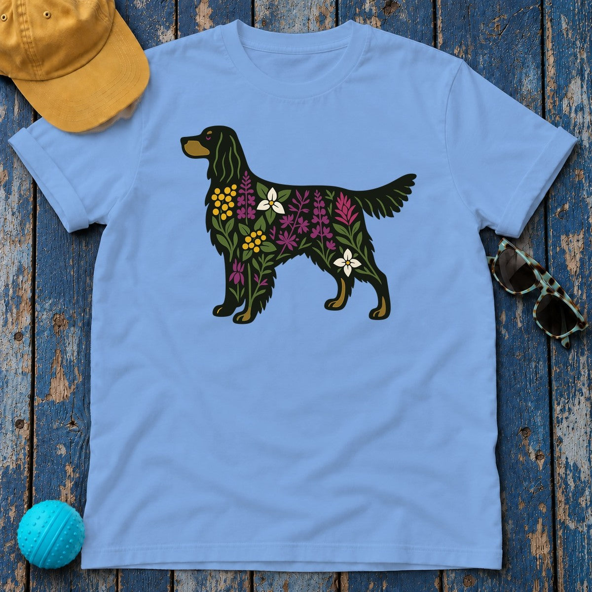 Floral Silhouette of a Black Gordon Setter Elegant Design T-Shirt in Carolina Blue