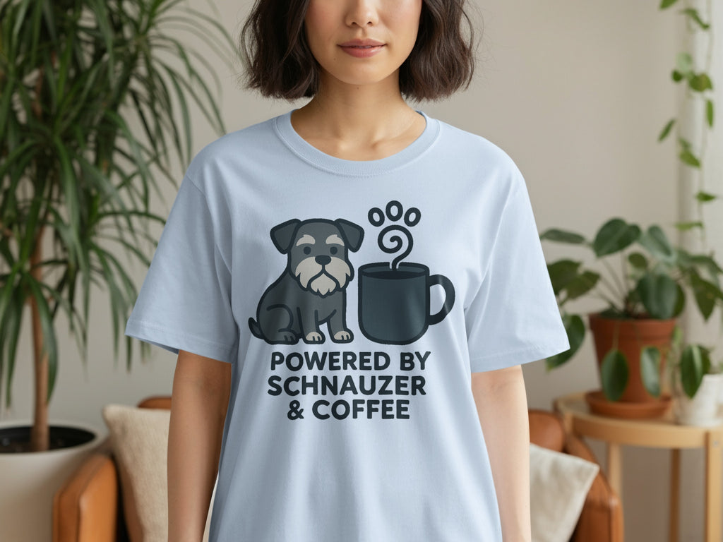 Light blue t-shirt with a schnauzer and coffee mug graphic, text reads "POWERED BY SCHNAUZER & COFFEE."