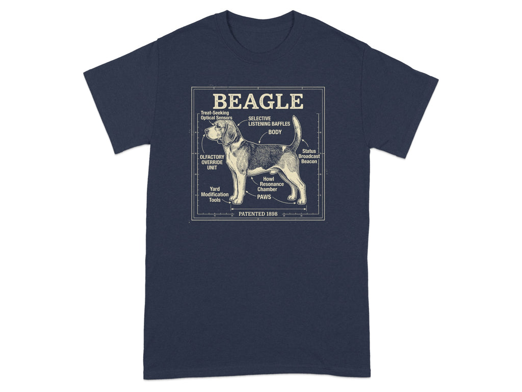 Diagram of a beagle with humorous labels for its body parts.