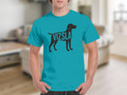 Turquoise t-shirt with black Vizsla dog silhouette and text silhouette.
