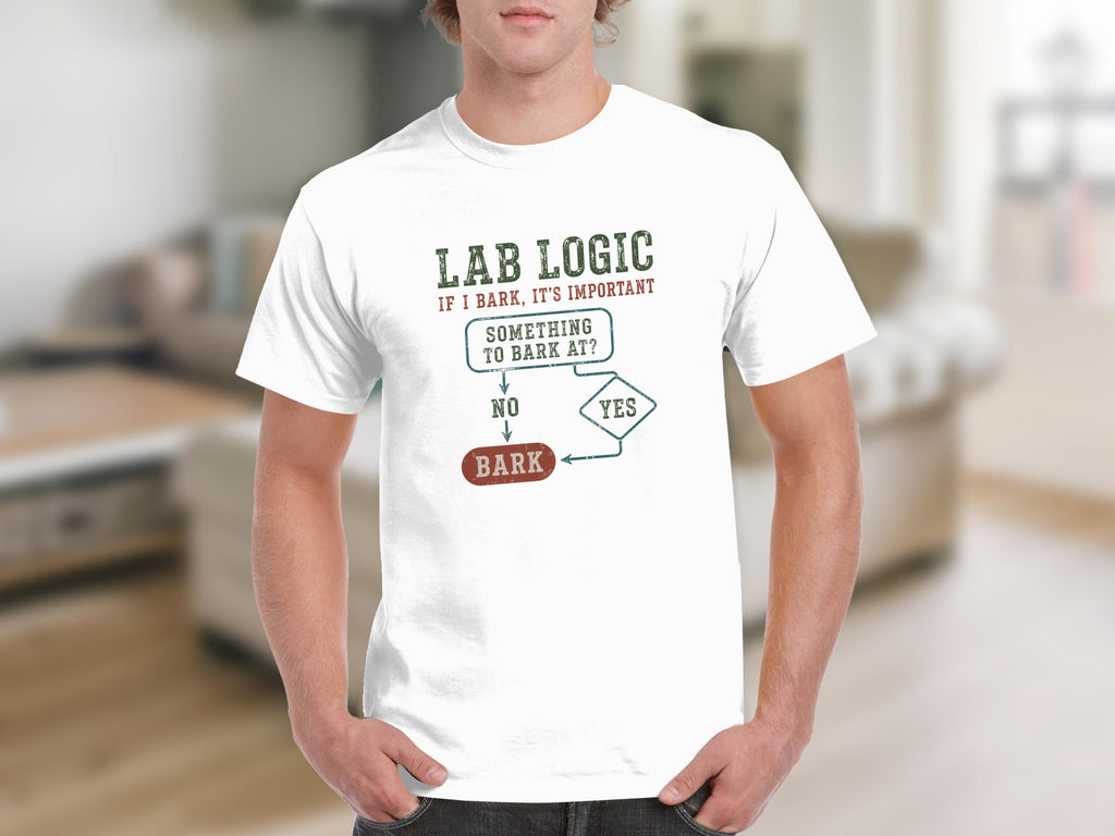 White t-shirt with "LAB LOGIC" flowchart about barking.
