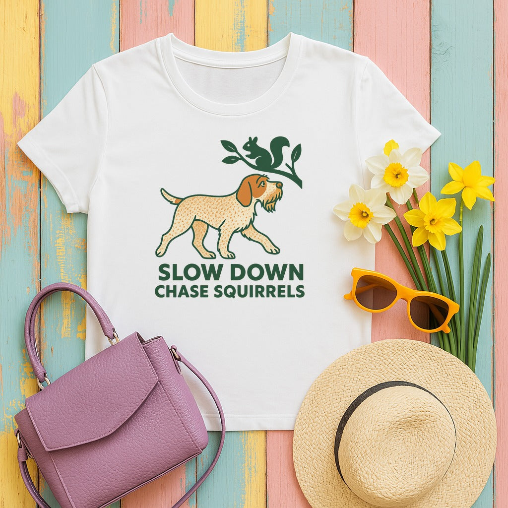 Spinone Italiano Slow Down Chase Squirrels Tee in White