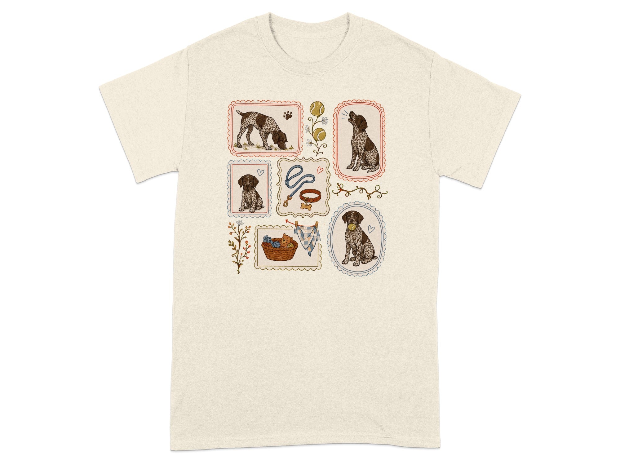 T-shirt with framed illustrations of German Shorthaired Pointer dogs and accessories.