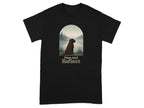 Black t-shirt with a brown dog looking at a lake at sunset with text "Paws And Reflect".
