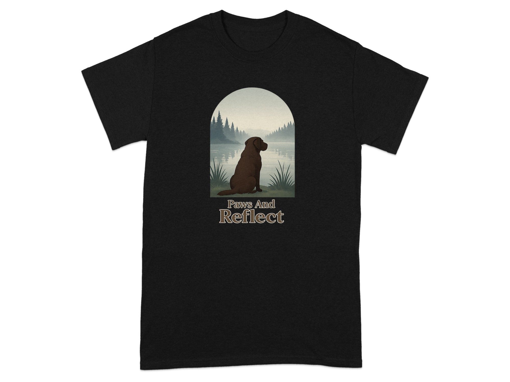Black t-shirt with a brown dog looking at a lake at sunset with text "Paws And Reflect".