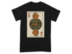 Black t-shirt featuring a queen of hearts card with a dog wearing a crown.