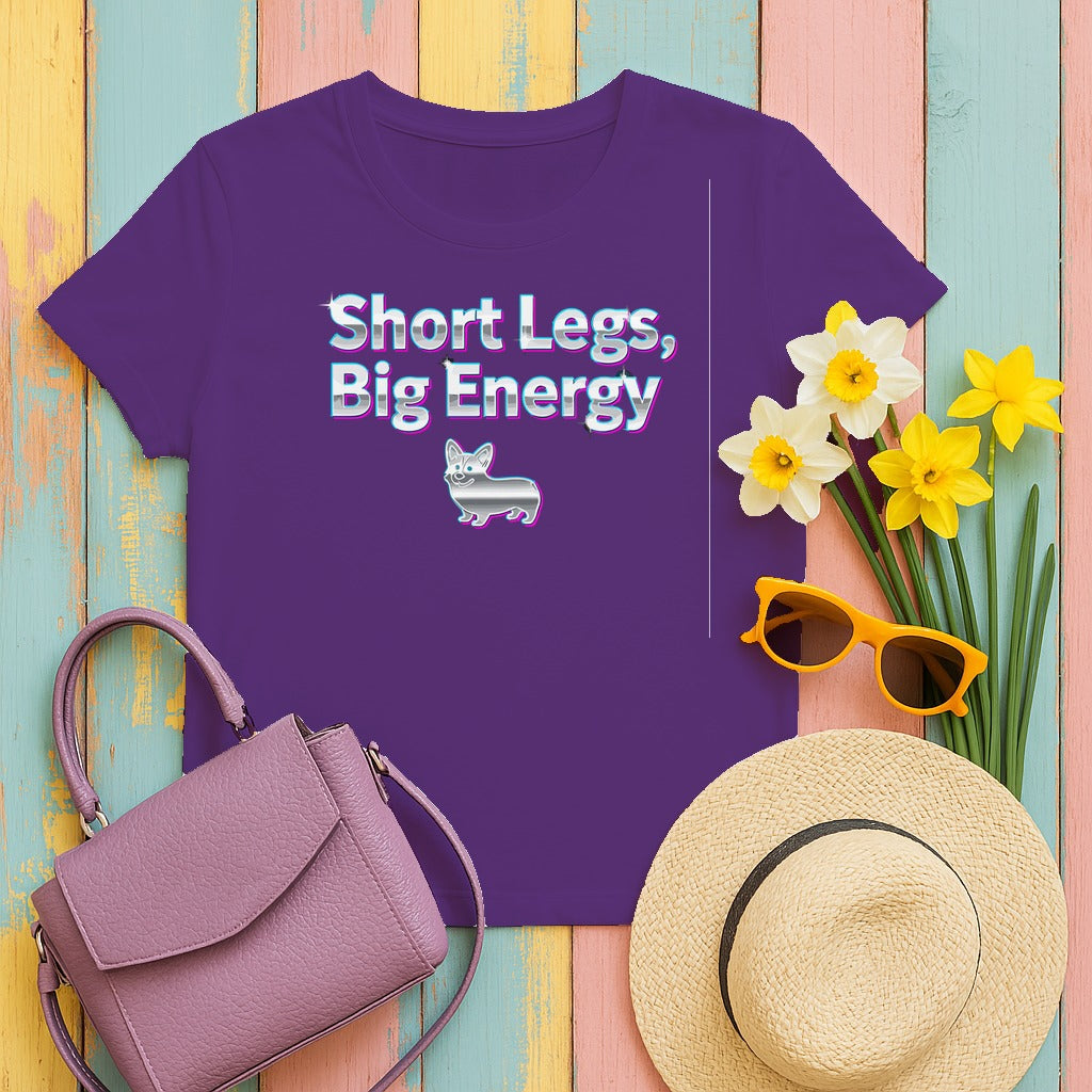 Short Legs Big Energy with a Corgi Image T-Shirt in Purple