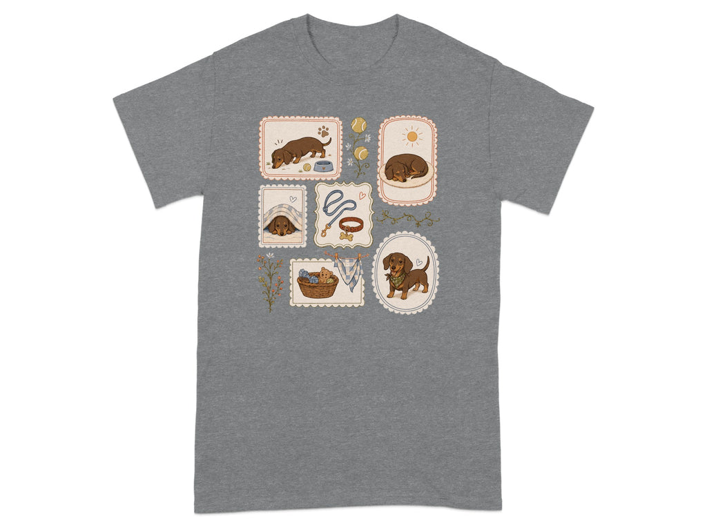 T-shirt with framed illustrations of dachshunds sleeping, playing, and relaxing.