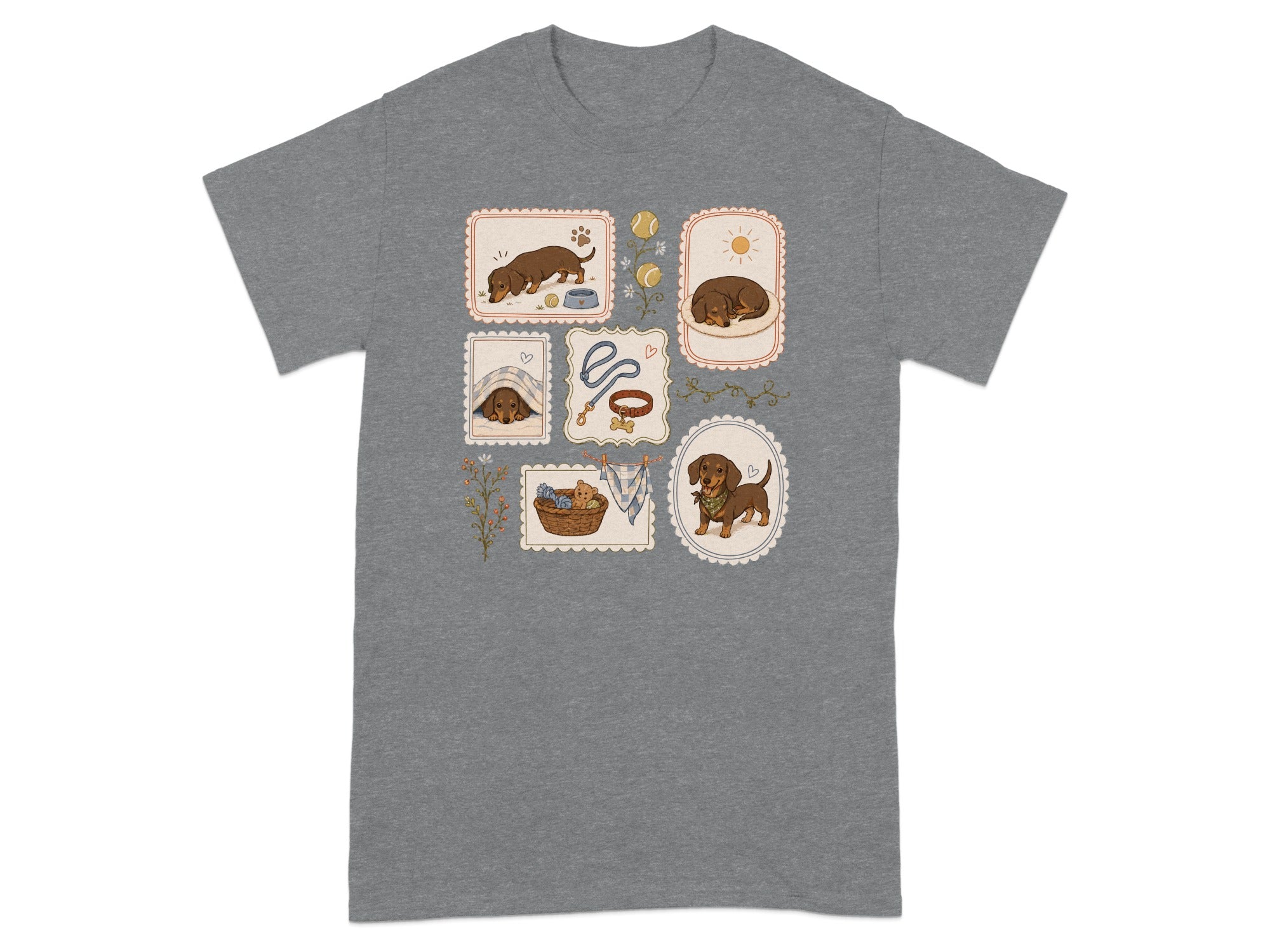 T-shirt with framed illustrations of dachshunds sleeping, playing, and relaxing.