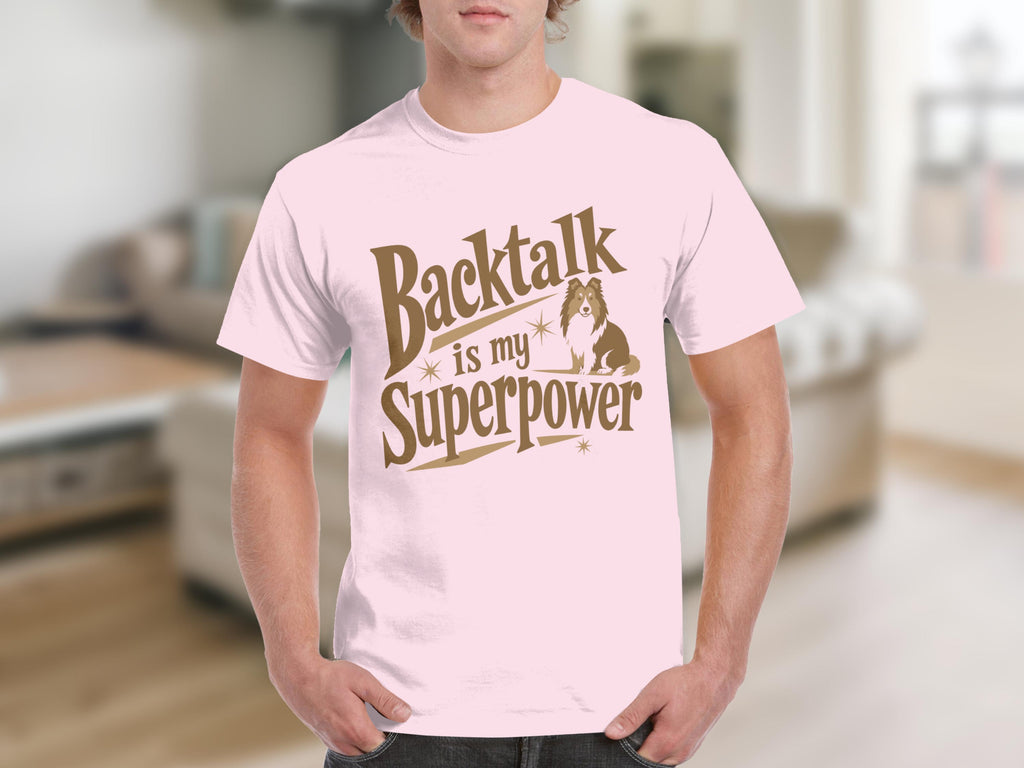 Pink t-shirt with "Backtalk is my Superpower" and a dog graphic.