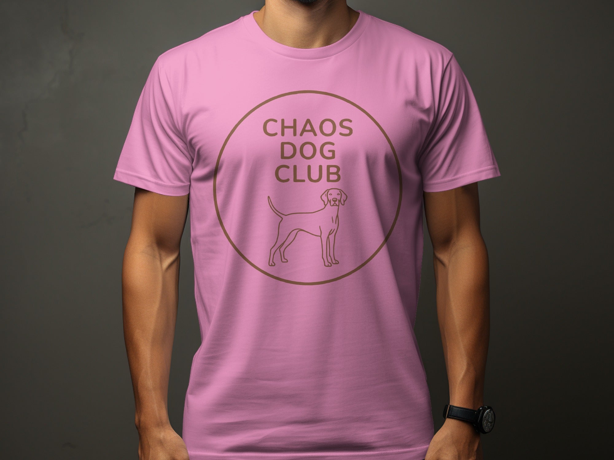 Pink t-shirt with "Chaos Dog Club" and a dog outline logo.