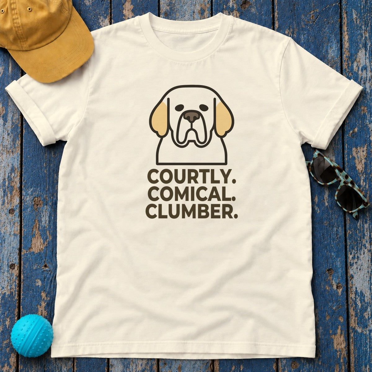 Courtly. Comical. Clumber. Clumber Spaniel T-Shirt in Natural