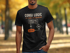 Black t-shirt with "CORGI LOGIC" and a flowchart about barking.