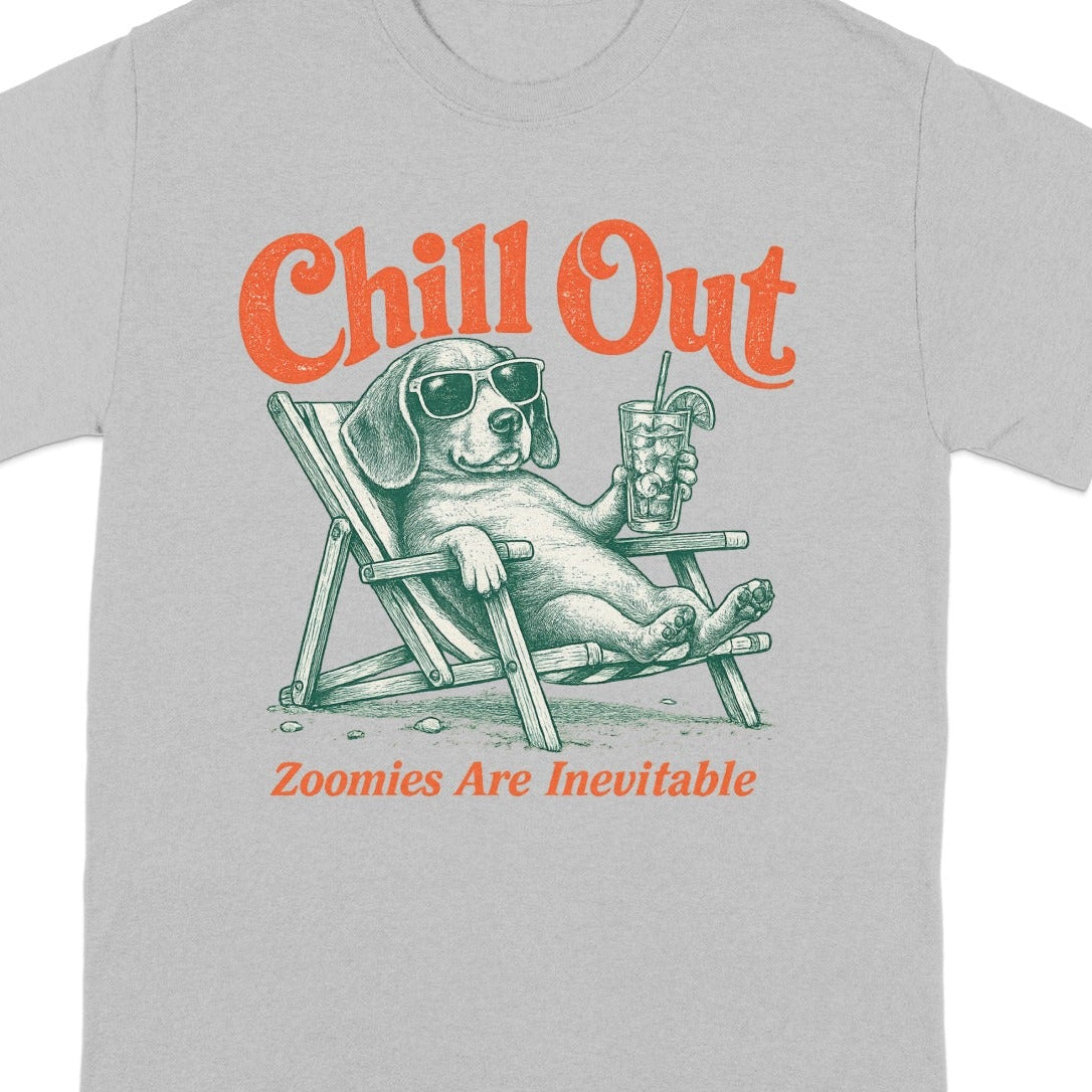 T-shirt with dog in sunglasses lounging with drink, text "Chill Out".