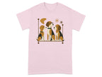 Three beagles are depicted sitting together on a horizontal bar.