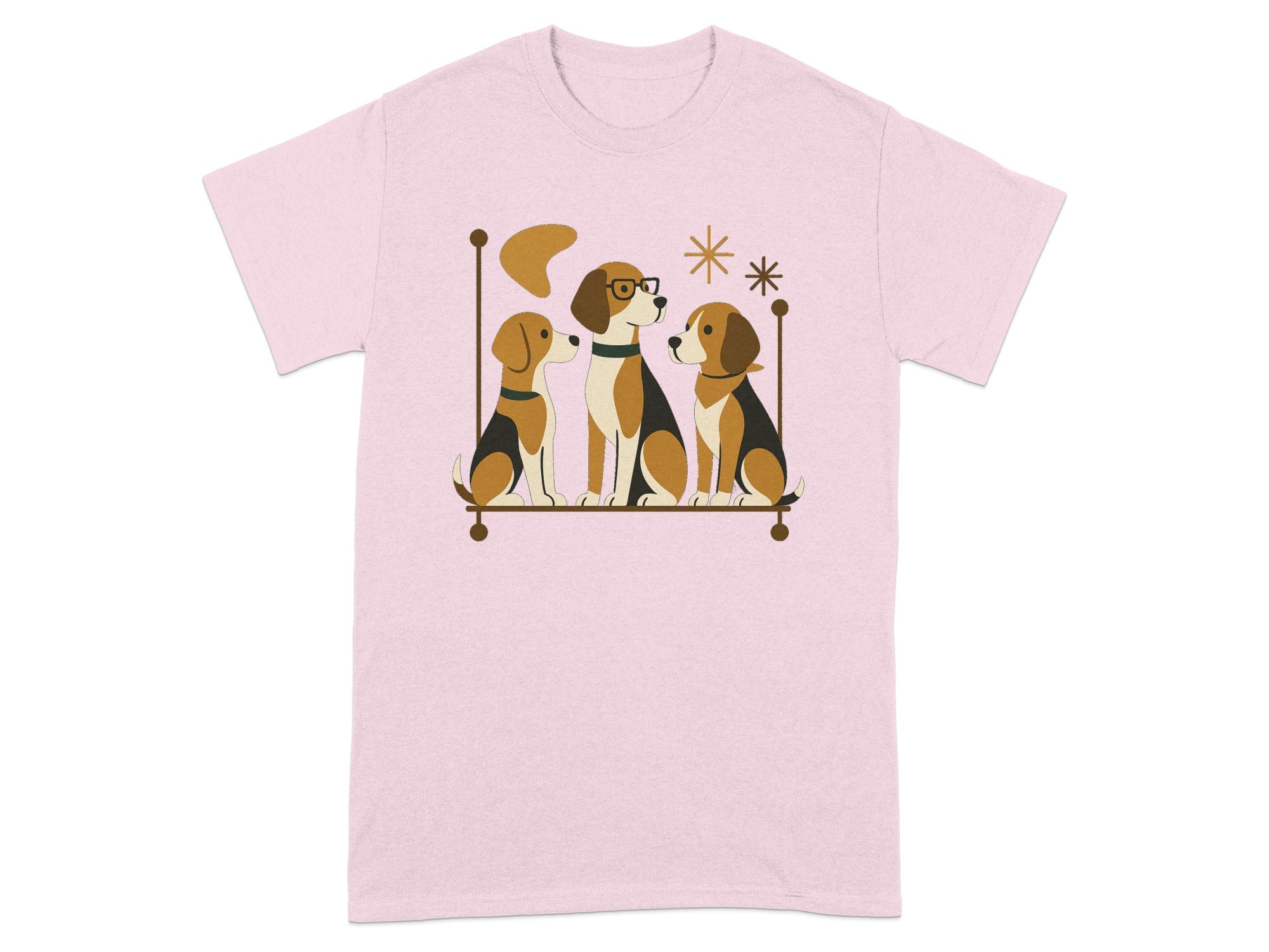 Three beagles are depicted sitting together on a horizontal bar.