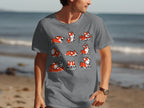 Grey t-shirt with cartoon corgis playing in nine panels on beach background