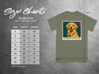 Gildan 5000 size chart with t-shirt graphic featuring dog and text "ENDLESS HUNGER".