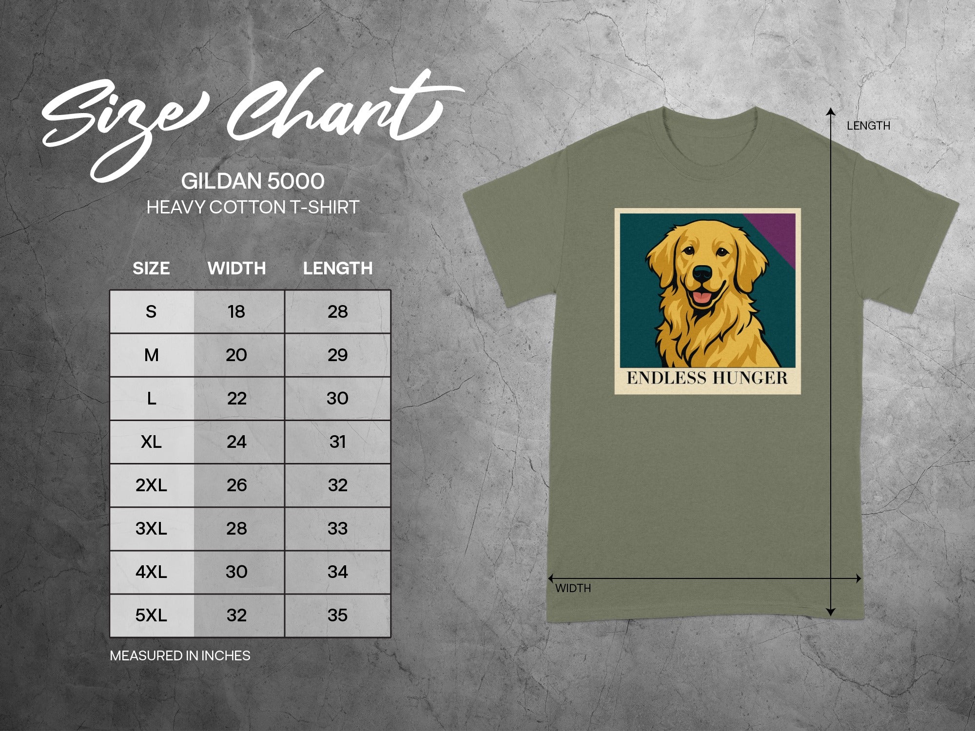 Gildan 5000 size chart with t-shirt graphic featuring dog and text "ENDLESS HUNGER".