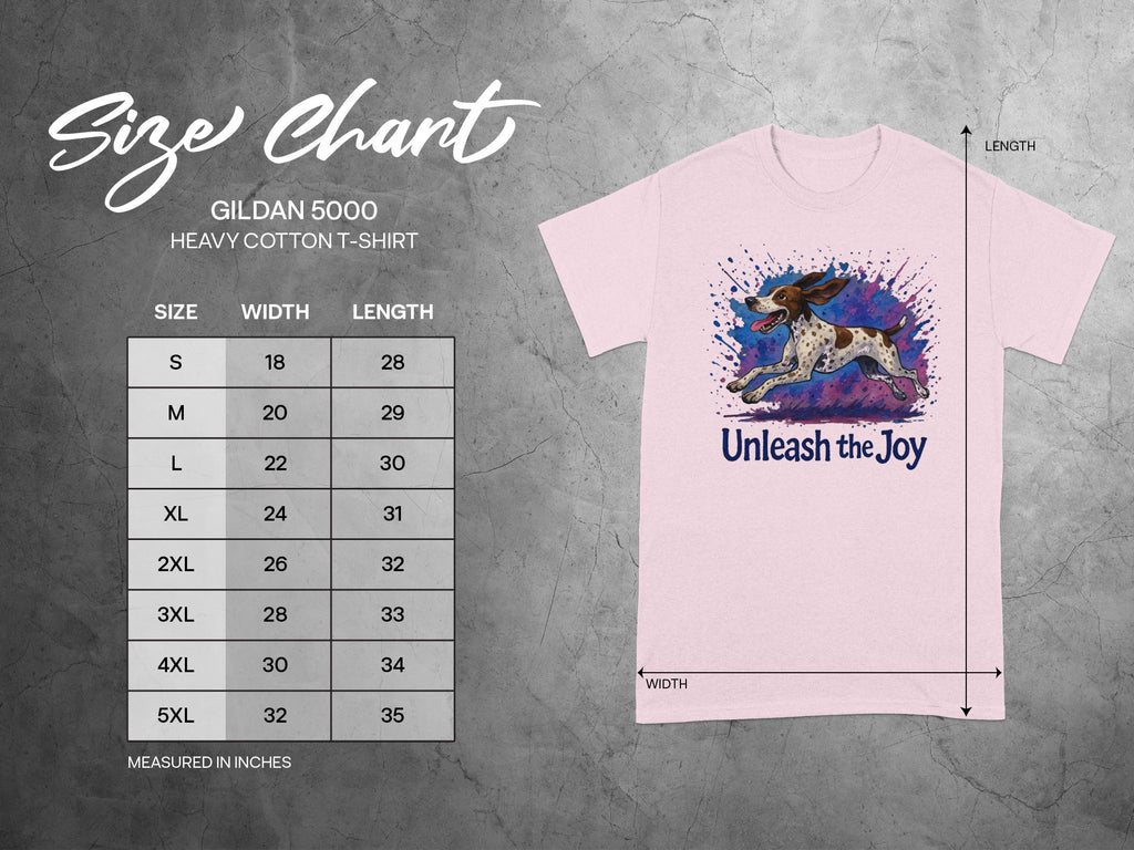 Gildan 5000 size chart for heavy cotton t-shirts with dog graphic and text.