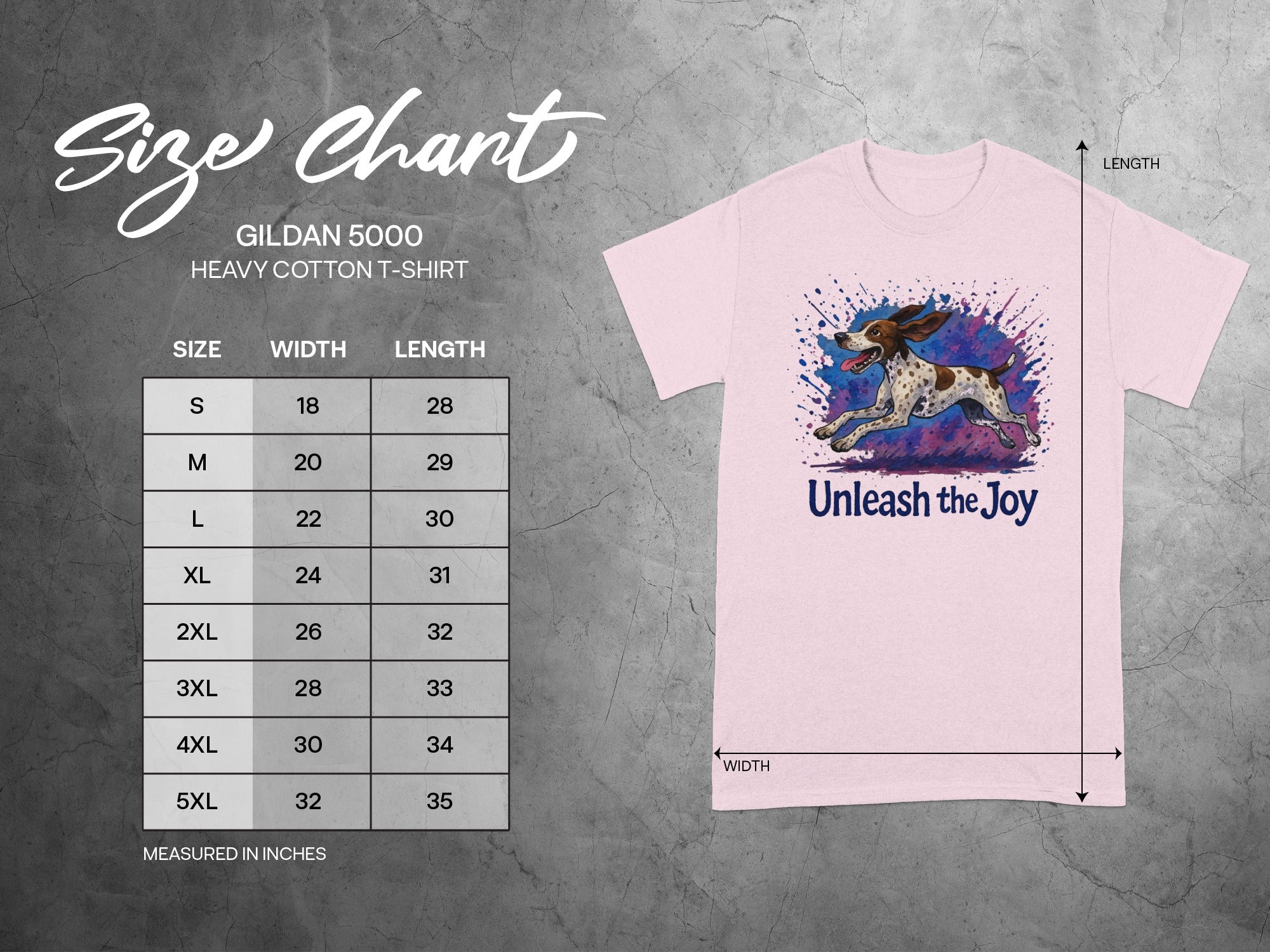 Gildan 5000 size chart for heavy cotton t-shirts with dog graphic and text.