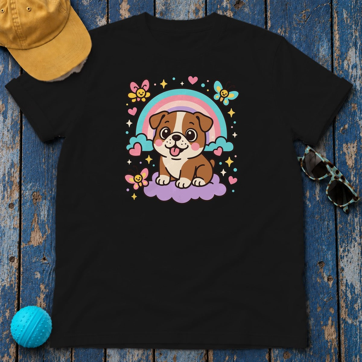 Adorable English Bulldog with Rainbow T-Shirt in Black