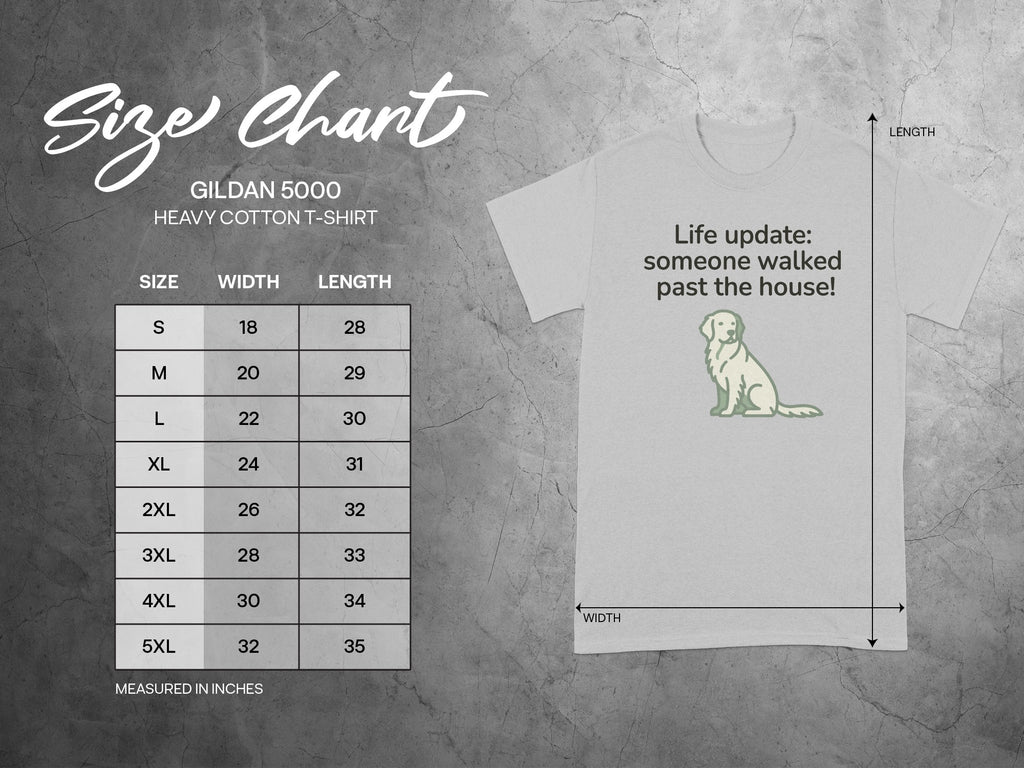 Gildan 5000 heavy cotton t-shirt size chart with dog graphic.