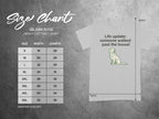 Gildan 5000 heavy cotton t-shirt size chart with dog graphic.