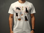 Framed illustrations of dogs, leashes, and pet accessories on a white t-shirt.