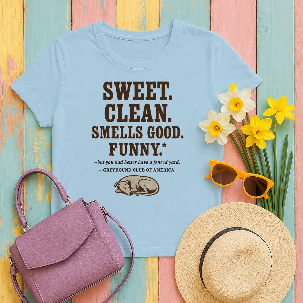 Greyhound Sweet Clean Smells Good Funny Tee in Light Blue