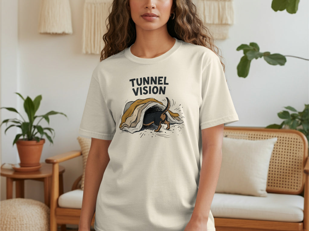 T-shirt with dachshund emerging from a tunnel, text "TUNNEL VISION".