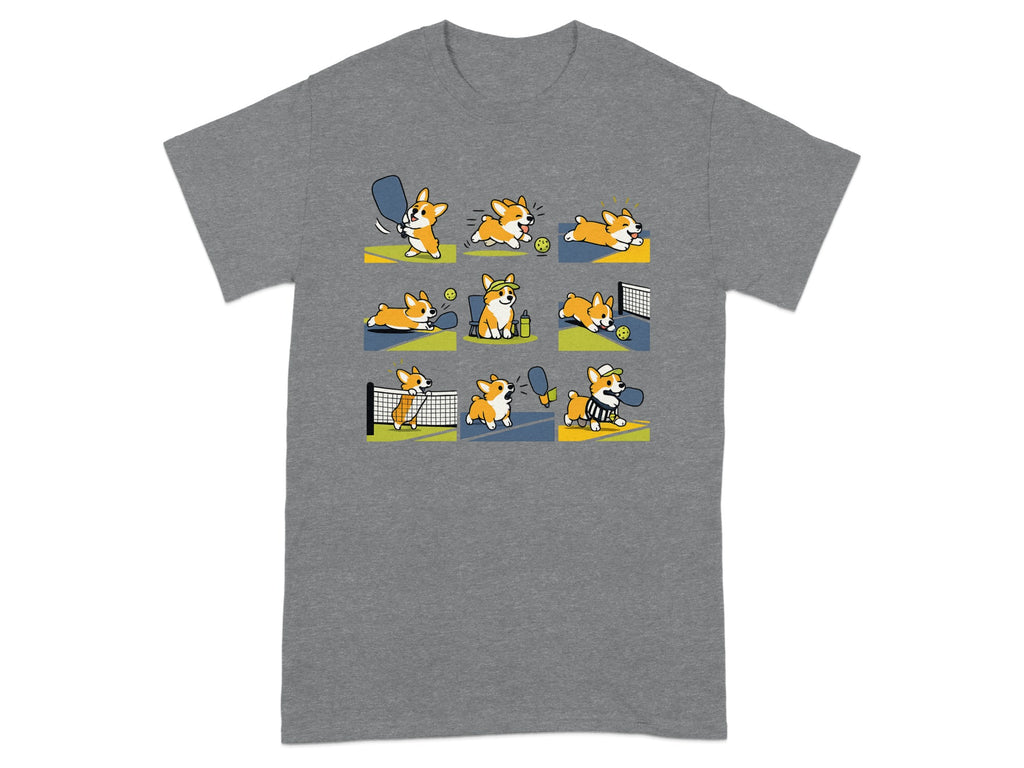 Nine panels show a cartoon corgi playing pickleball, hitting balls, and running.