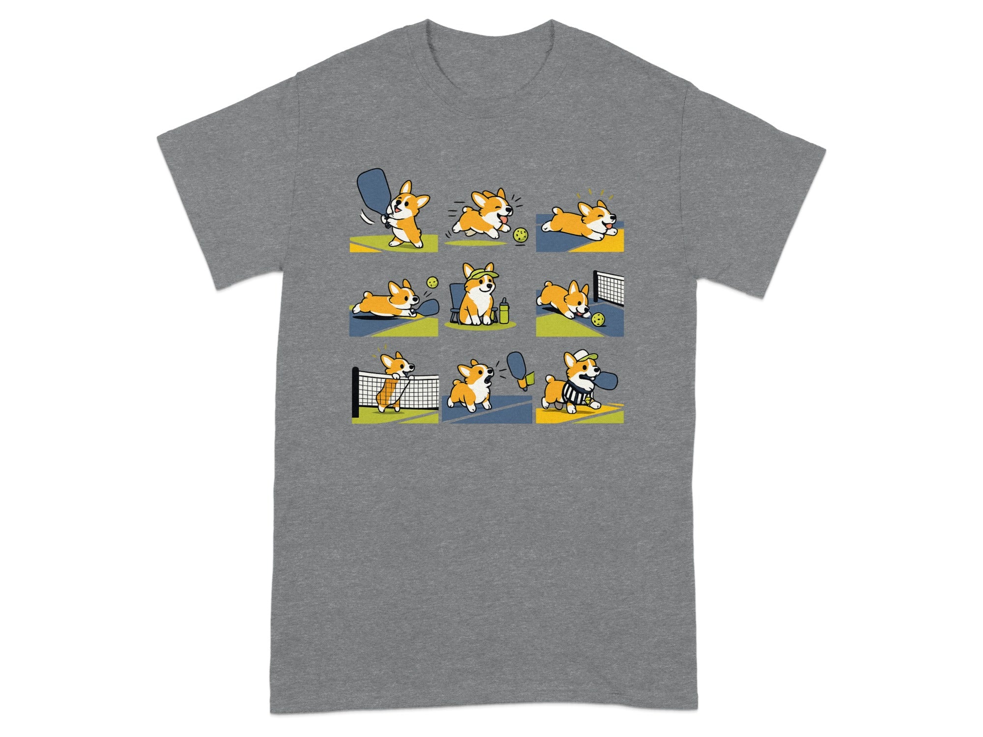 Nine panels show a cartoon corgi playing pickleball, hitting balls, and running.