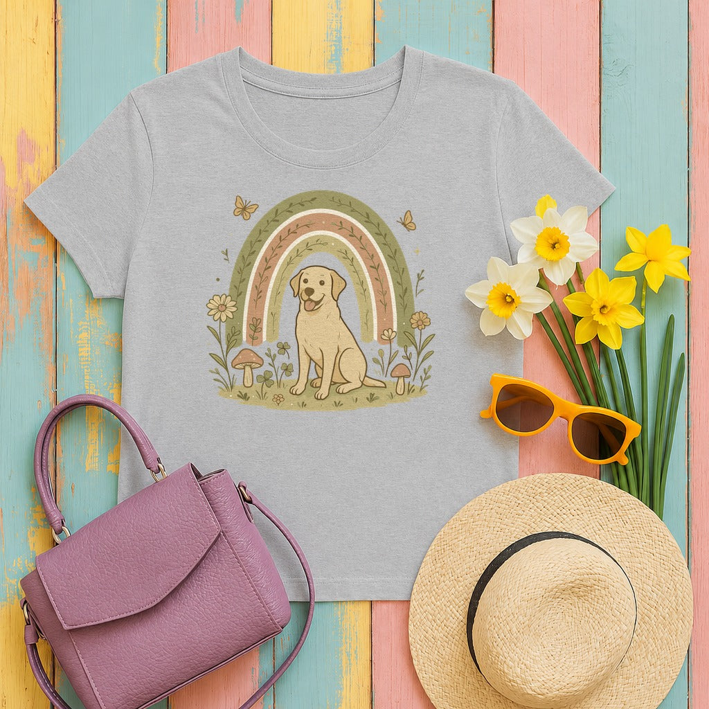 Adorable Labrador in Garden with Rainbow Graphic T-Shirt in Sport Grey