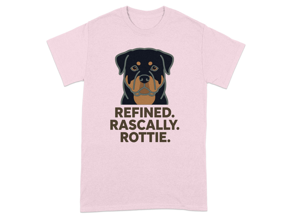 Pink t-shirt with "REFINED. RASCALLY. ROTTIE." and a Rottweiler graphic.