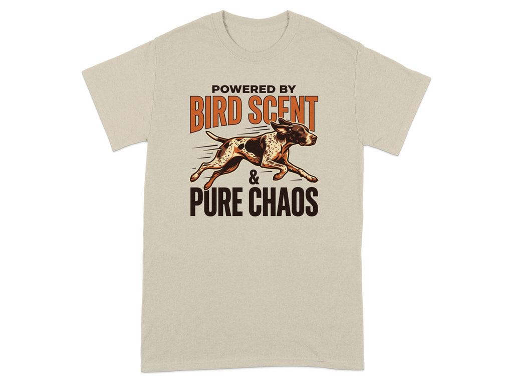 T-shirt with a dog running and the text "Powered by Bird Scent & Pure Chaos".