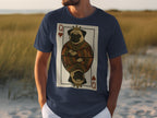 Navy t-shirt with Queen of Hearts pug playing card graphic.