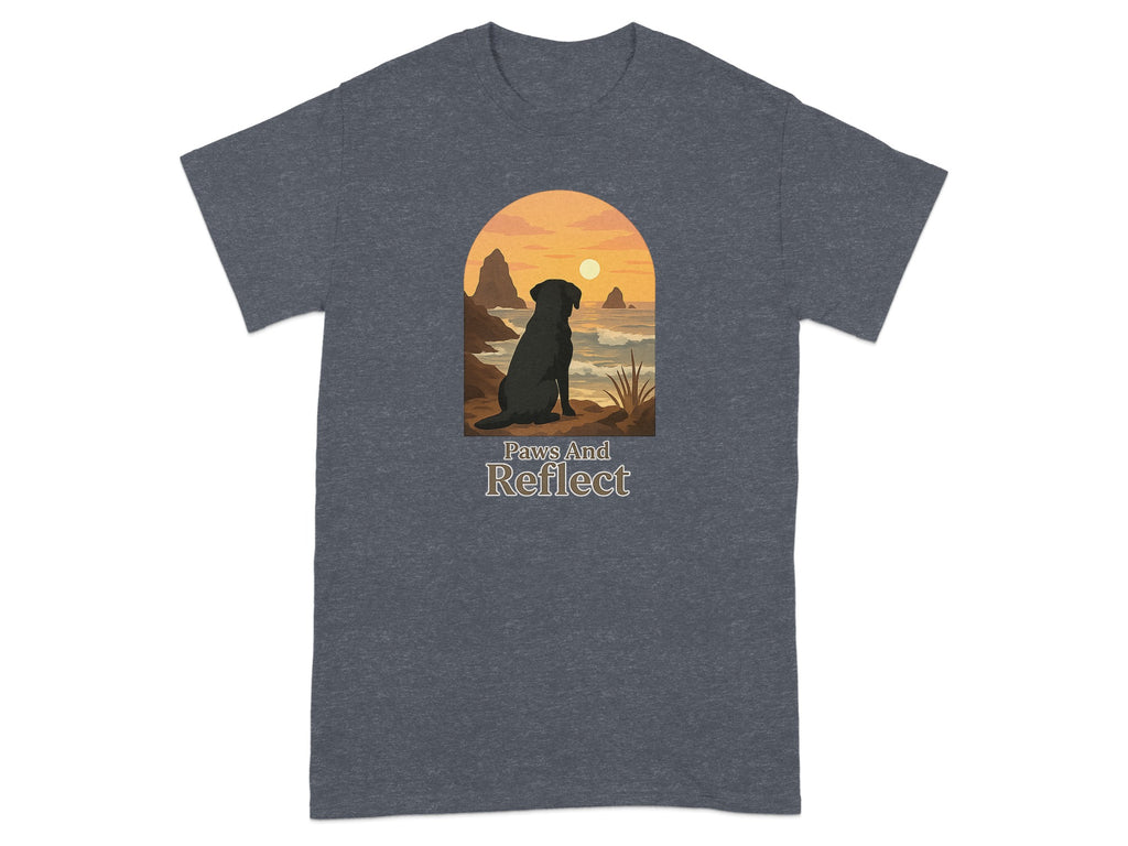 Black dog sitting by ocean at sunset with text "Paws And Reflect".