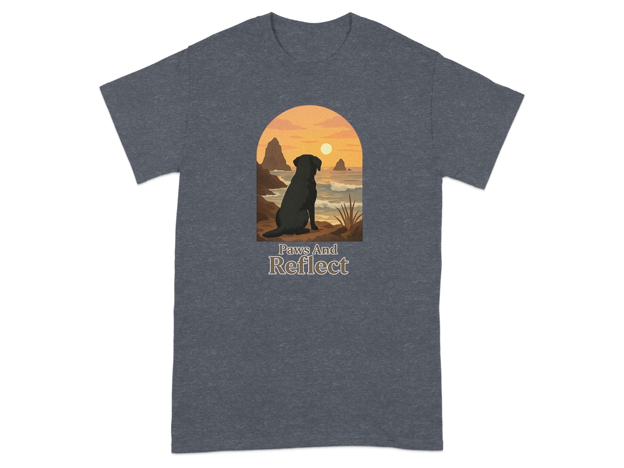 Black dog sitting by ocean at sunset with text "Paws And Reflect".